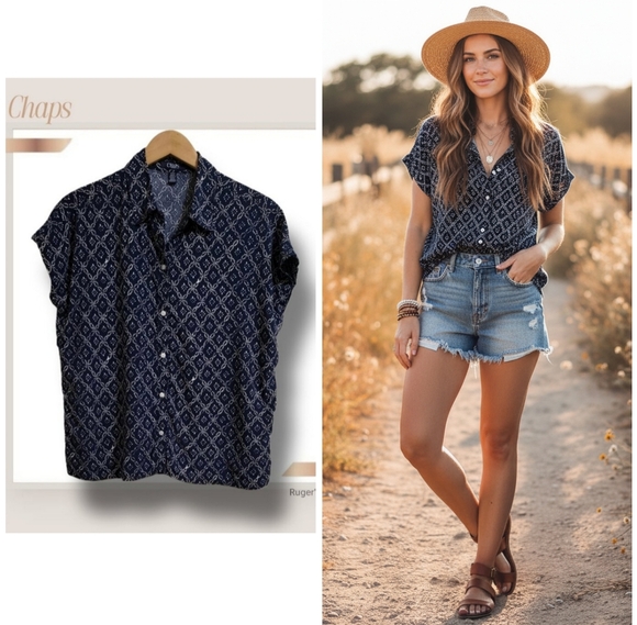 Chaps Tops - 🌿Chaps Women's Small Blue White Print Cap Sleeve Box Style Summer Shirt